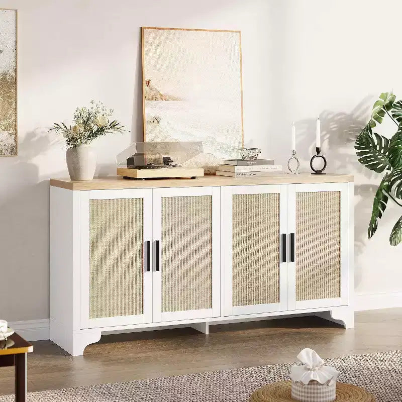 Buffet bas en rotin, Petit meuble de rangement avec portes et étagères, Commode en bois pour salon, salle à manger, cuisine, Chêne naturel