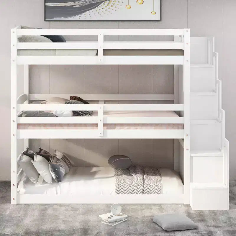 Twin Size Triple Bunk Bed with Storage Staircase, Convertible 3-in-1 Wooden Bunk Bed Frame with Safety Rails, White - ModernLuxe