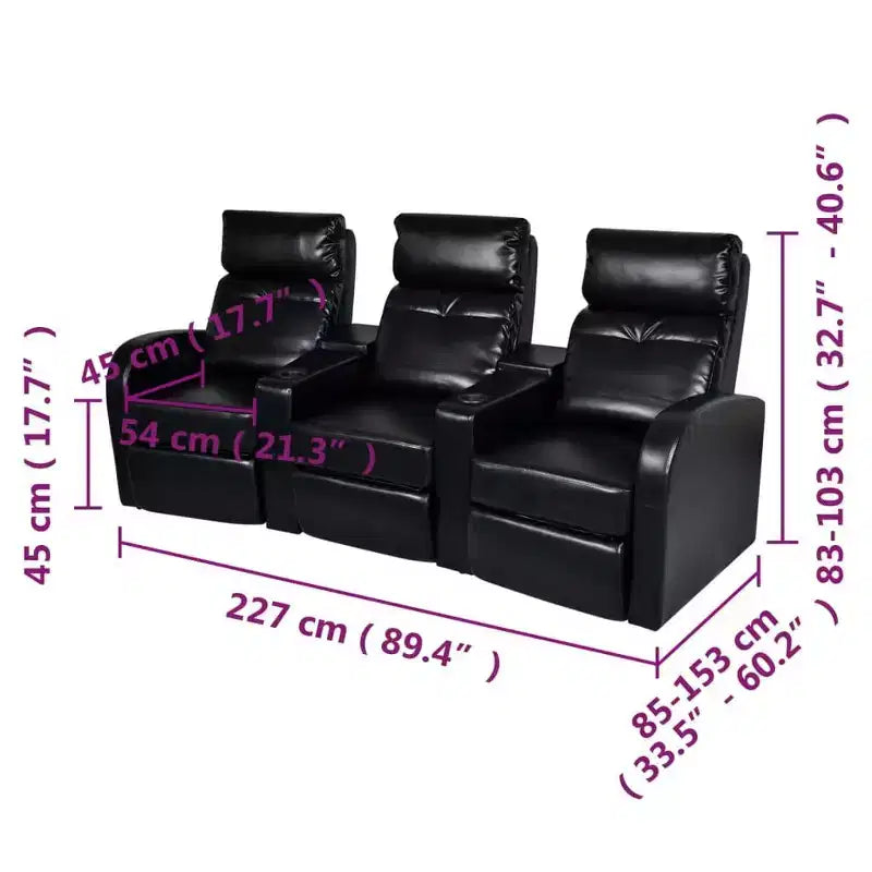 Canapé inclinable 3 places de cinéma maison avec porte-gobelets intégrés - Noir