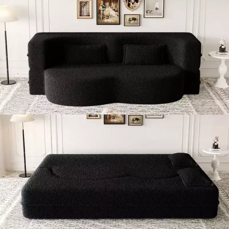 Canapé sectionnel convertible moderne Canapé de sol avec 2 oreillers Canapé rembourré en tissu Teddy Matelas pliant Aucun assemblage requis