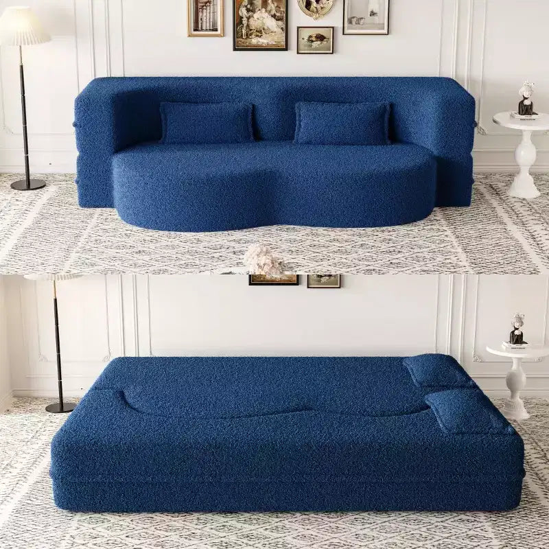 Canapé sectionnel convertible moderne Canapé de sol avec 2 oreillers Canapé rembourré en tissu Teddy Matelas pliant Aucun assemblage requis