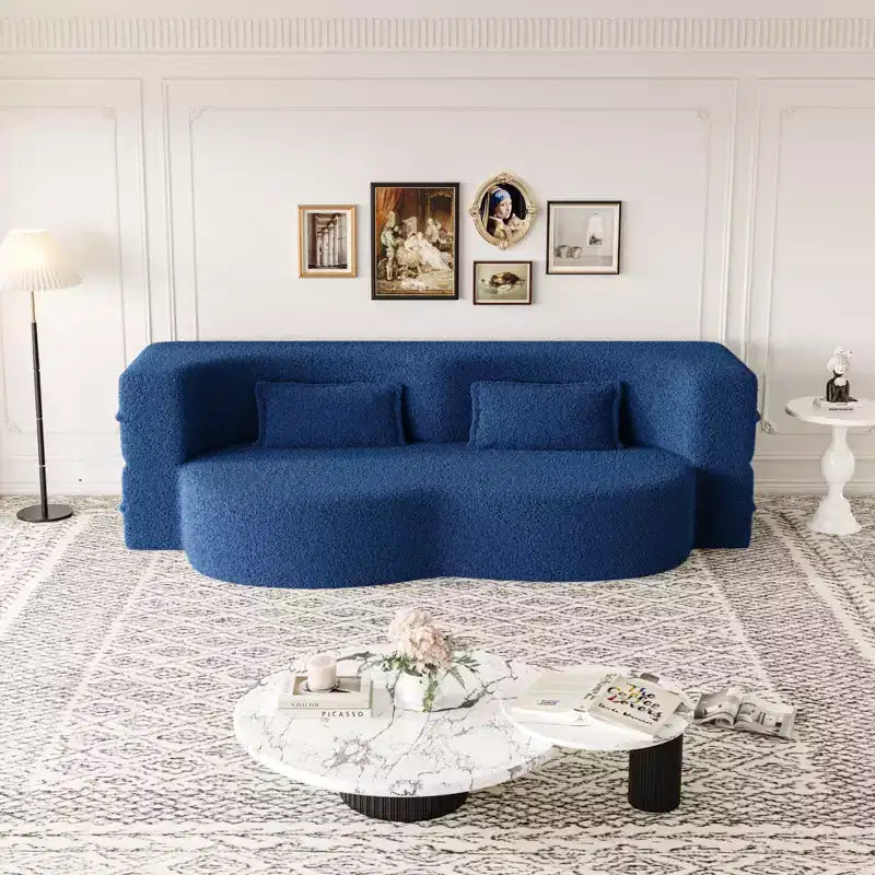 Canapé sectionnel convertible moderne Canapé de sol avec 2 oreillers Canapé rembourré en tissu Teddy Matelas pliant Aucun assemblage requis