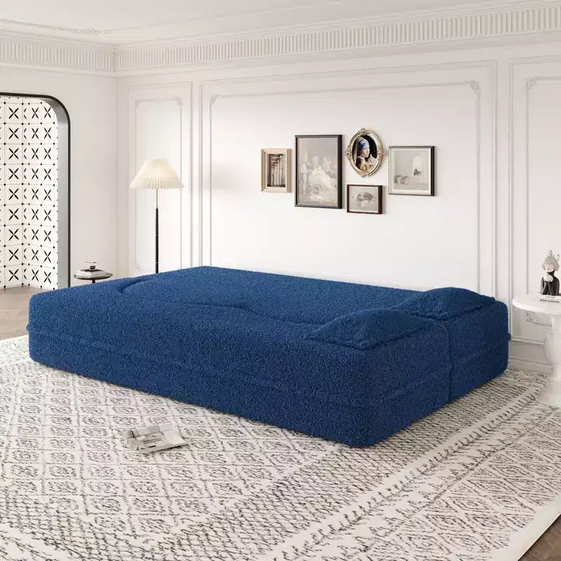Canapé sectionnel convertible moderne Canapé de sol avec 2 oreillers Canapé rembourré en tissu Teddy Matelas pliant Aucun assemblage requis