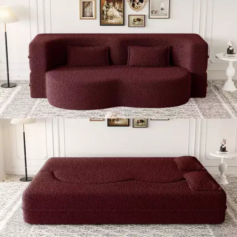 Canapé sectionnel convertible moderne Canapé de sol avec 2 oreillers Canapé rembourré en tissu Teddy Matelas pliant Aucun assemblage requis