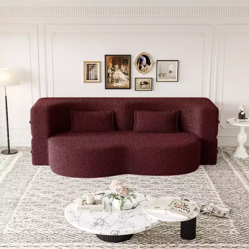 Canapé sectionnel convertible moderne Canapé de sol avec 2 oreillers Canapé rembourré en tissu Teddy Matelas pliant Aucun assemblage requis