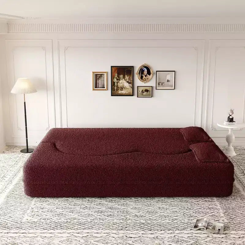 Canapé sectionnel convertible moderne Canapé de sol avec 2 oreillers Canapé rembourré en tissu Teddy Matelas pliant Aucun assemblage requis