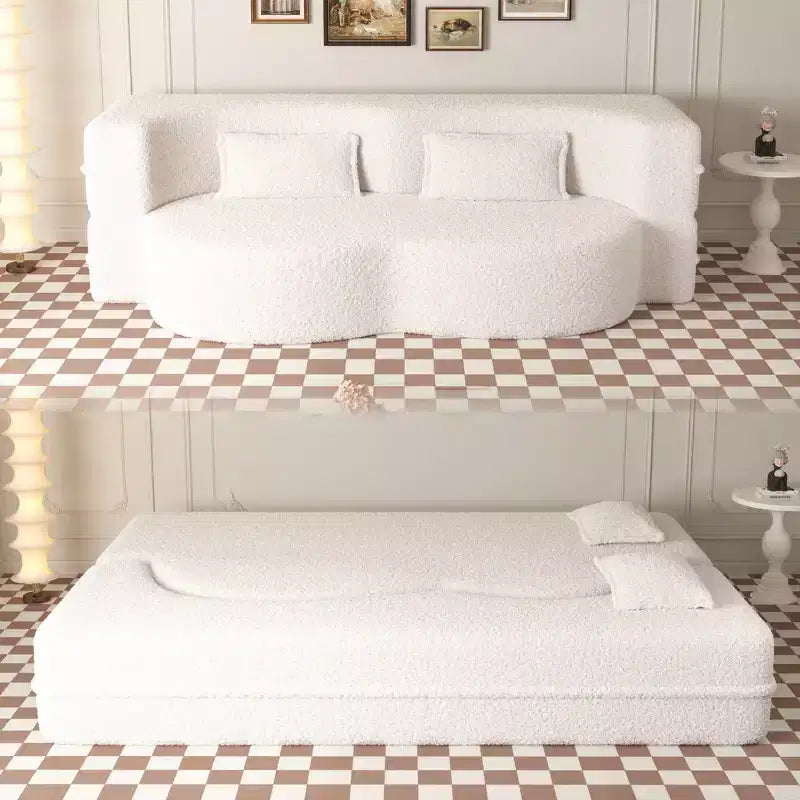 Canapé sectionnel convertible moderne Canapé de sol avec 2 oreillers Canapé rembourré en tissu Teddy Matelas pliant Aucun assemblage requis