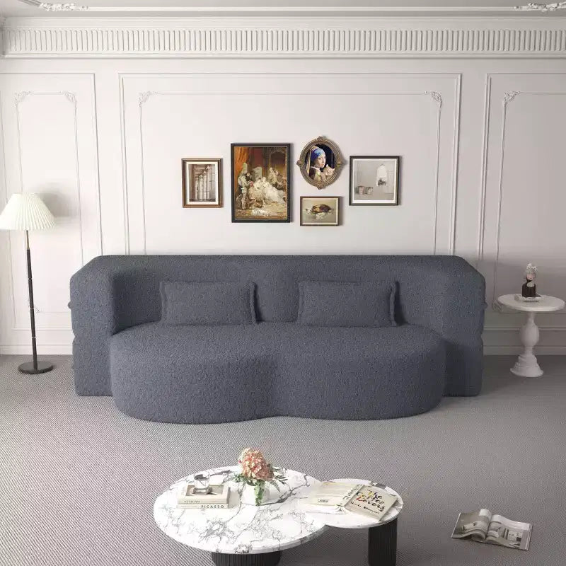 Canapé sectionnel convertible moderne Canapé de sol avec 2 oreillers Canapé rembourré en tissu Teddy Matelas pliant Aucun assemblage requis