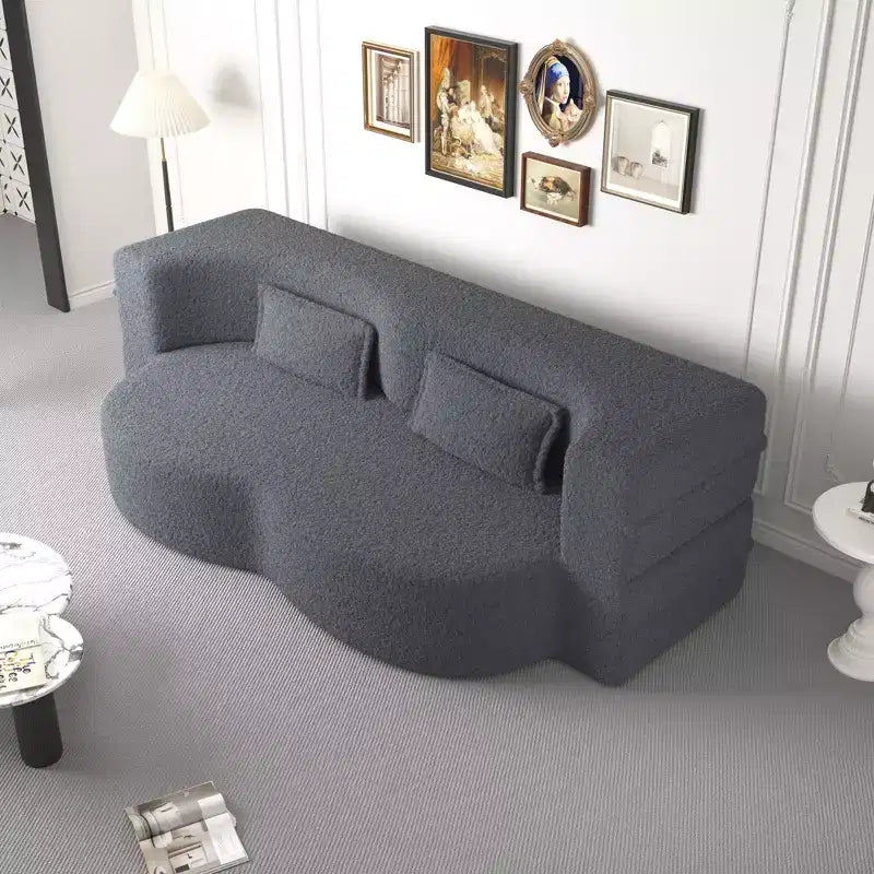 Canapé sectionnel convertible moderne Canapé de sol avec 2 oreillers Canapé rembourré en tissu Teddy Matelas pliant Aucun assemblage requis