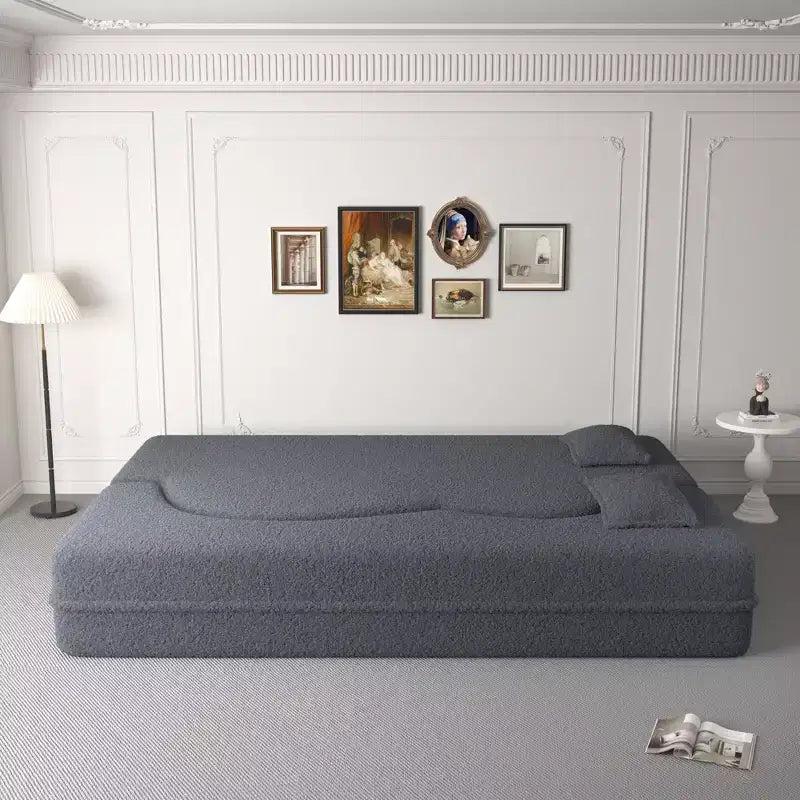 Canapé sectionnel convertible moderne Canapé de sol avec 2 oreillers Canapé rembourré en tissu Teddy Matelas pliant Aucun assemblage requis