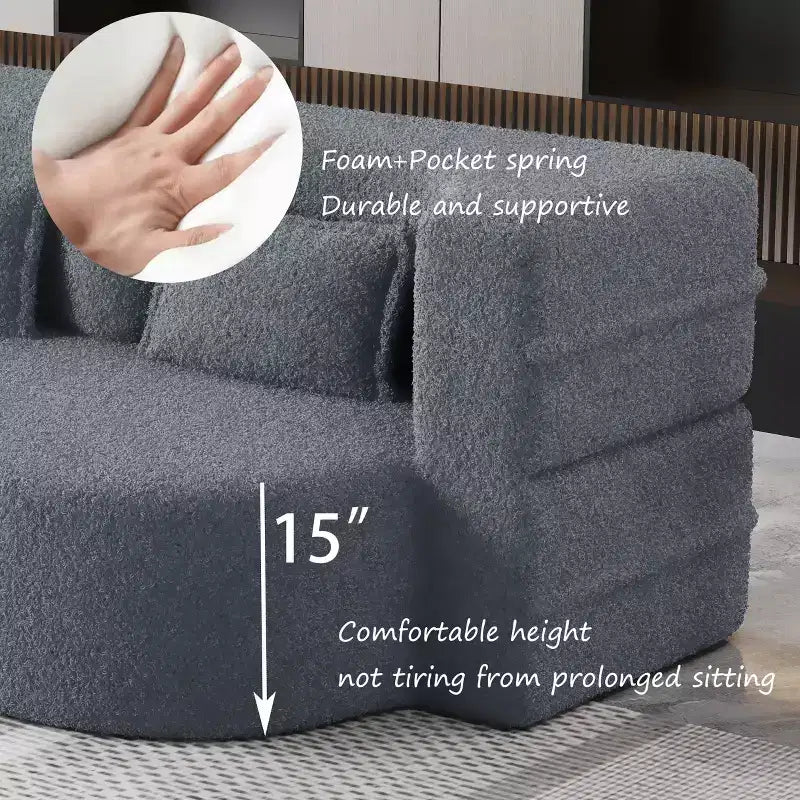 Canapé sectionnel convertible moderne Canapé de sol avec 2 oreillers Canapé rembourré en tissu Teddy Matelas pliant Aucun assemblage requis
