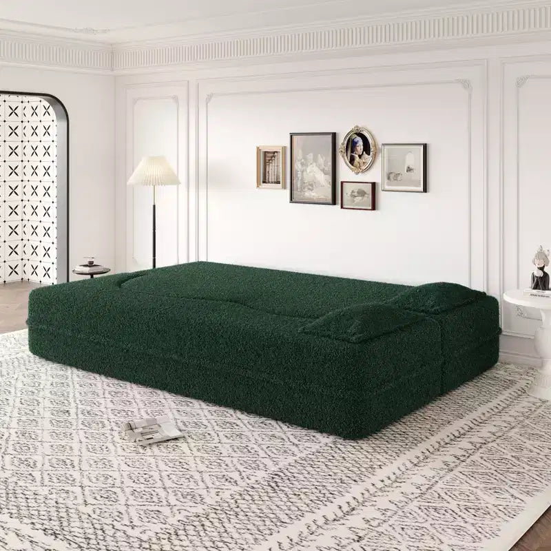 Canapé sectionnel convertible moderne Canapé de sol avec 2 oreillers Canapé rembourré en tissu Teddy Matelas pliant Aucun assemblage requis