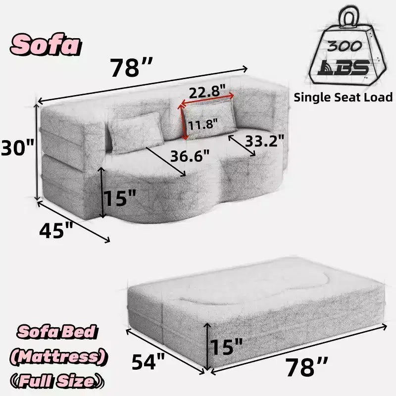 Canapé sectionnel convertible moderne Canapé de sol avec 2 oreillers Canapé rembourré en tissu Teddy Matelas pliant Aucun assemblage requis