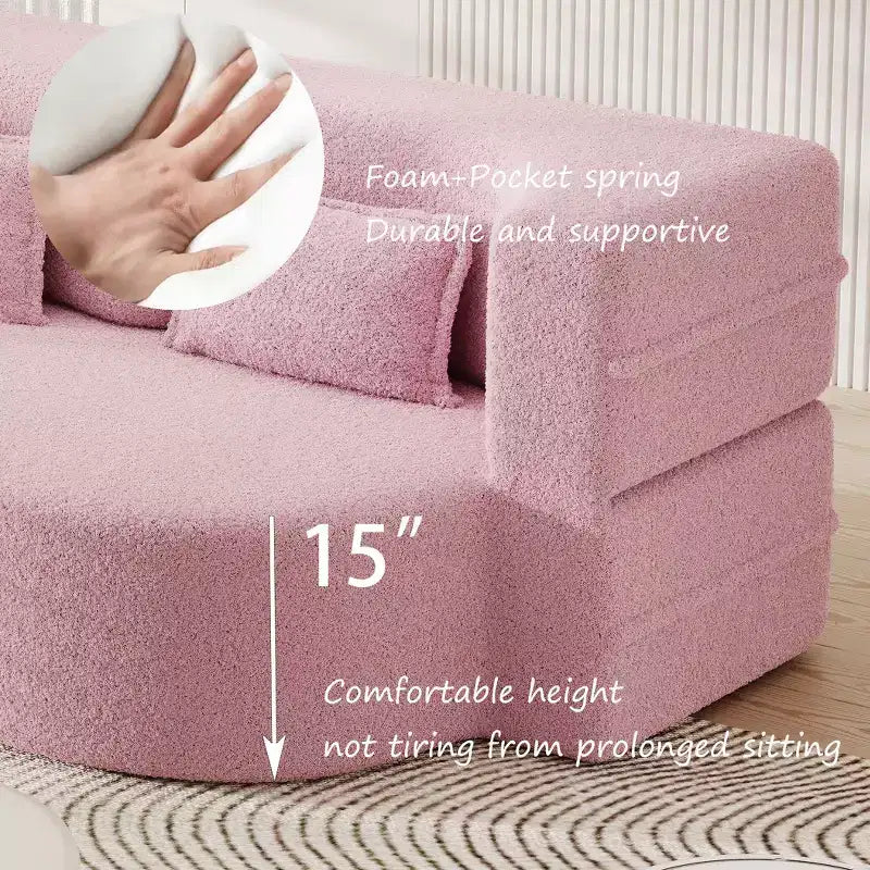 Canapé sectionnel convertible moderne Canapé de sol avec 2 oreillers Canapé rembourré en tissu Teddy Matelas pliant Aucun assemblage requis