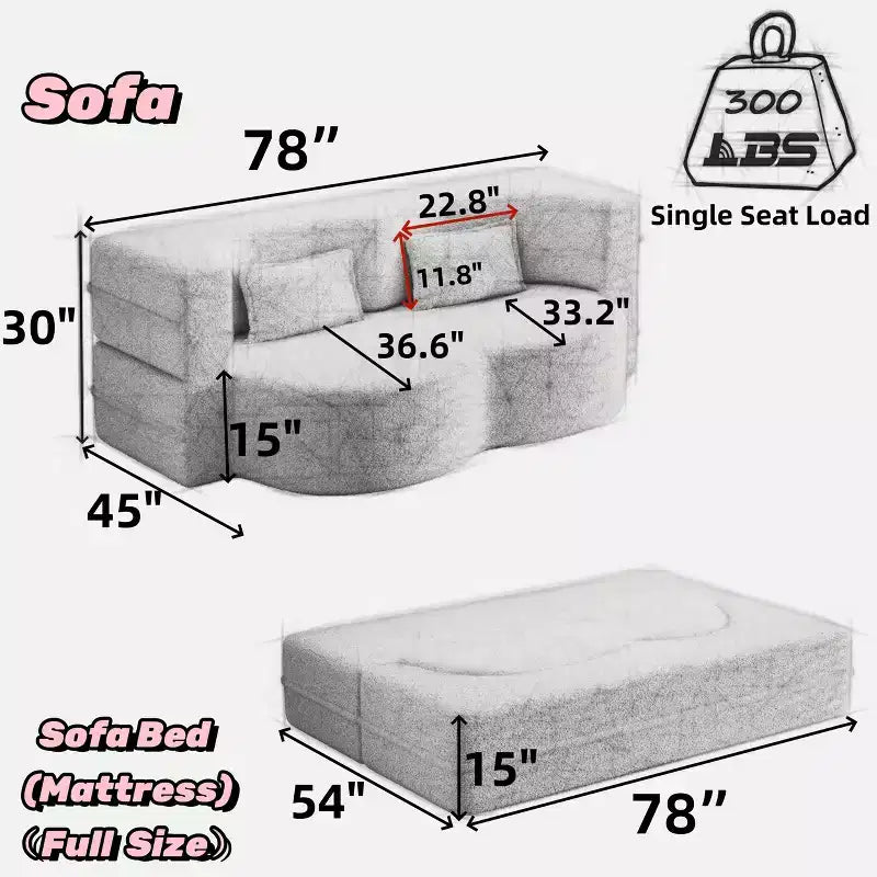 Canapé sectionnel convertible moderne Canapé de sol avec 2 oreillers Canapé rembourré en tissu Teddy Matelas pliant Aucun assemblage requis