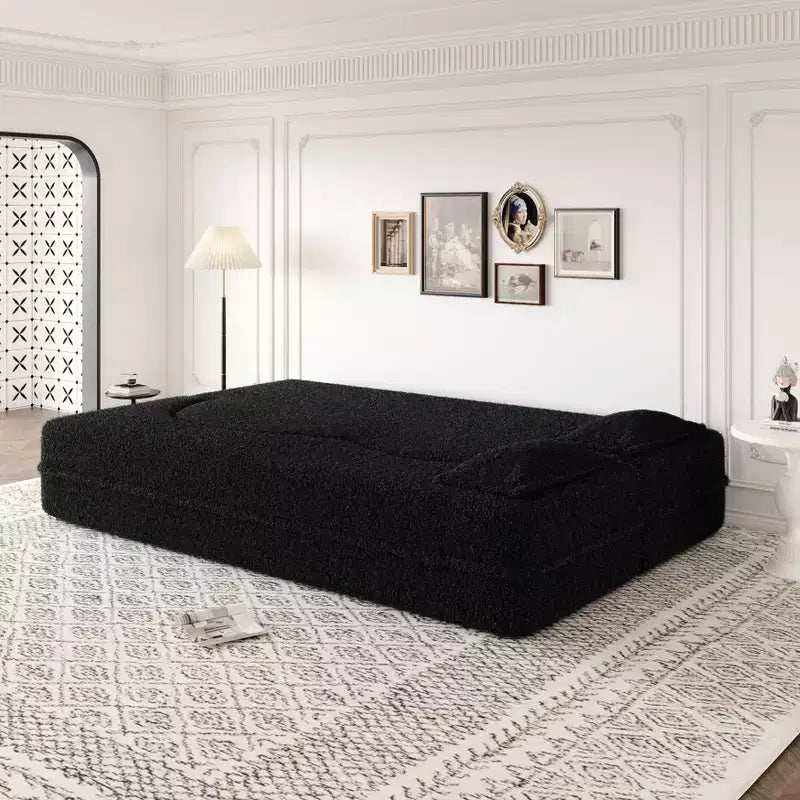 Canapé sectionnel convertible moderne Canapé de sol avec 2 oreillers Canapé rembourré en tissu Teddy Matelas pliant Aucun assemblage requis