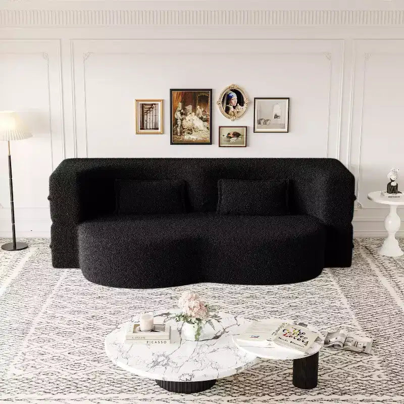 Canapé sectionnel convertible moderne Canapé de sol avec 2 oreillers Canapé rembourré en tissu Teddy Matelas pliant Aucun assemblage requis