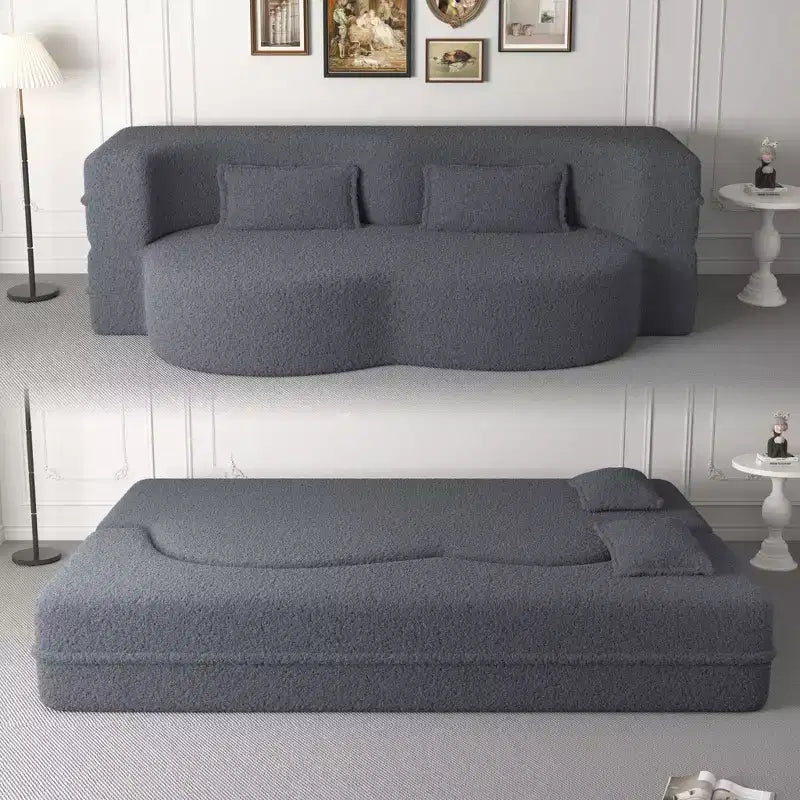 Canapé sectionnel convertible moderne Canapé de sol avec 2 oreillers Canapé rembourré en tissu Teddy Matelas pliant Aucun assemblage requis