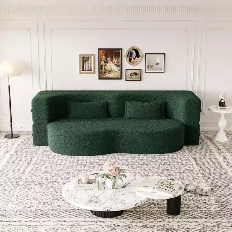 Canapé sectionnel convertible moderne Canapé de sol avec 2 oreillers Canapé rembourré en tissu Teddy Matelas pliant Aucun assemblage requis