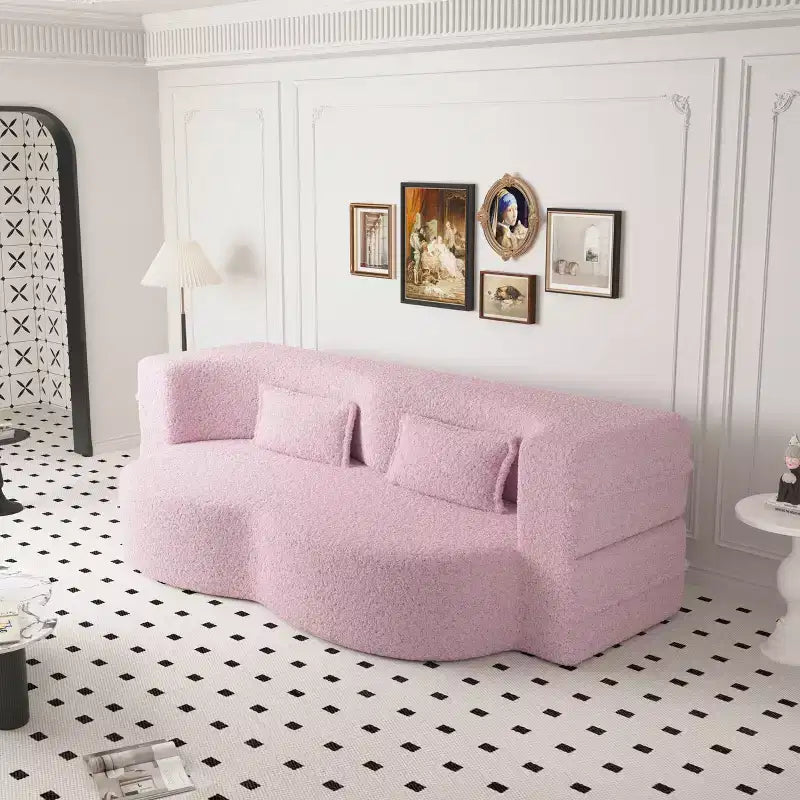 Canapé sectionnel convertible moderne Canapé de sol avec 2 oreillers Canapé rembourré en tissu Teddy Matelas pliant Aucun assemblage requis