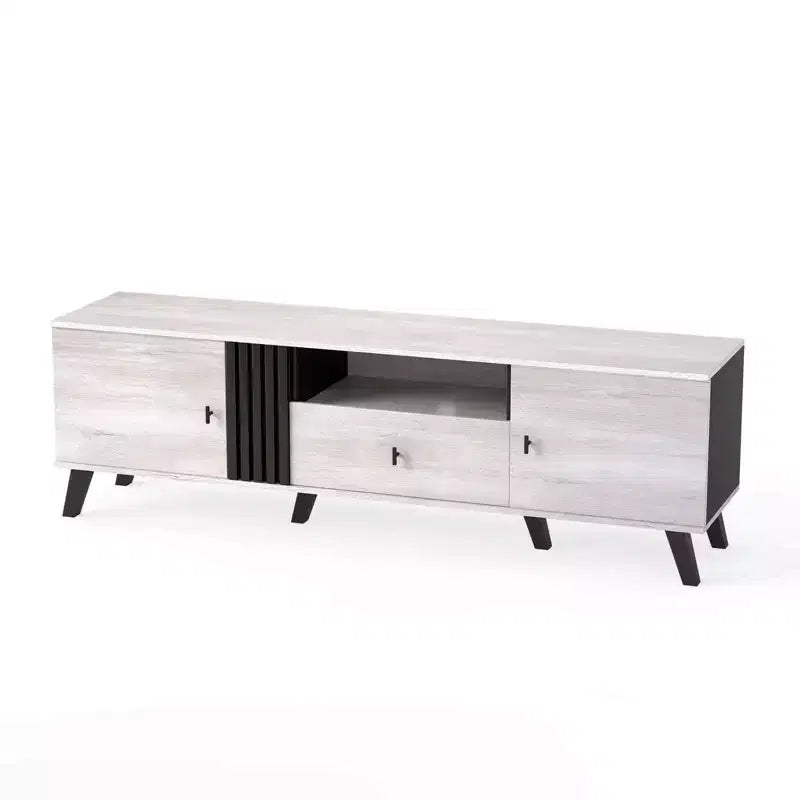 Meuble TV de style moderne du milieu du siècle pour téléviseurs de 80 pouces avec étagère ouverte et 2 armoires latérales