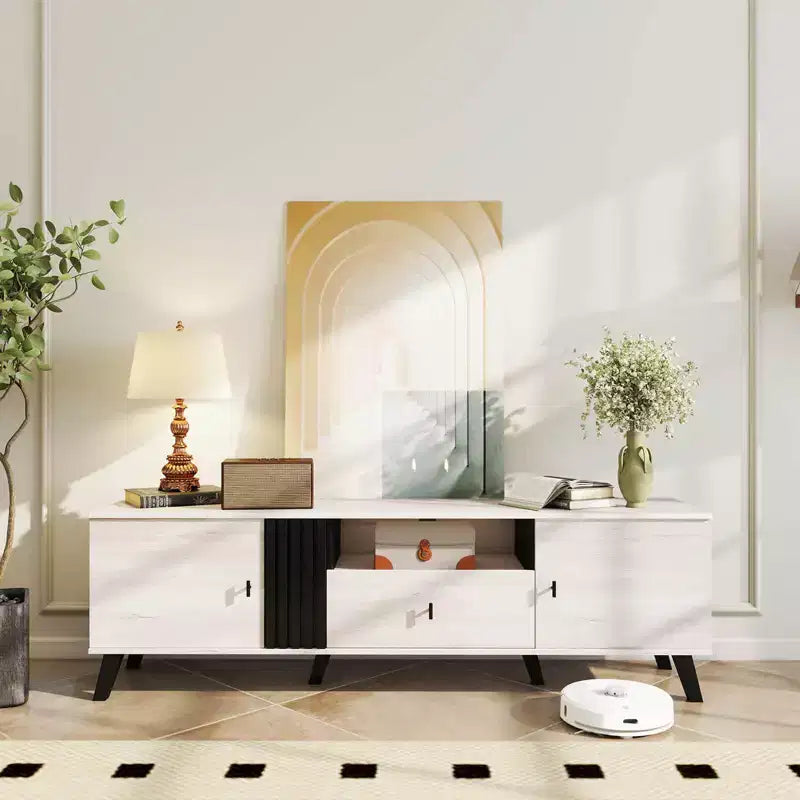 Meuble TV de style moderne du milieu du siècle pour téléviseurs de 80 pouces avec étagère ouverte et 2 armoires latérales