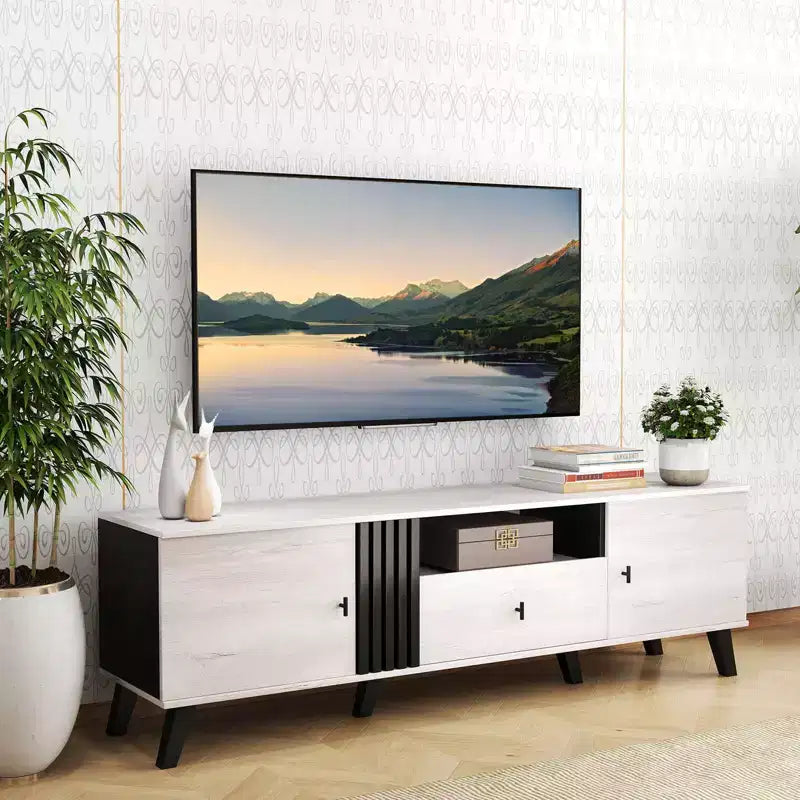 Meuble TV de style moderne du milieu du siècle pour téléviseurs de 80 pouces avec étagère ouverte et 2 armoires latérales