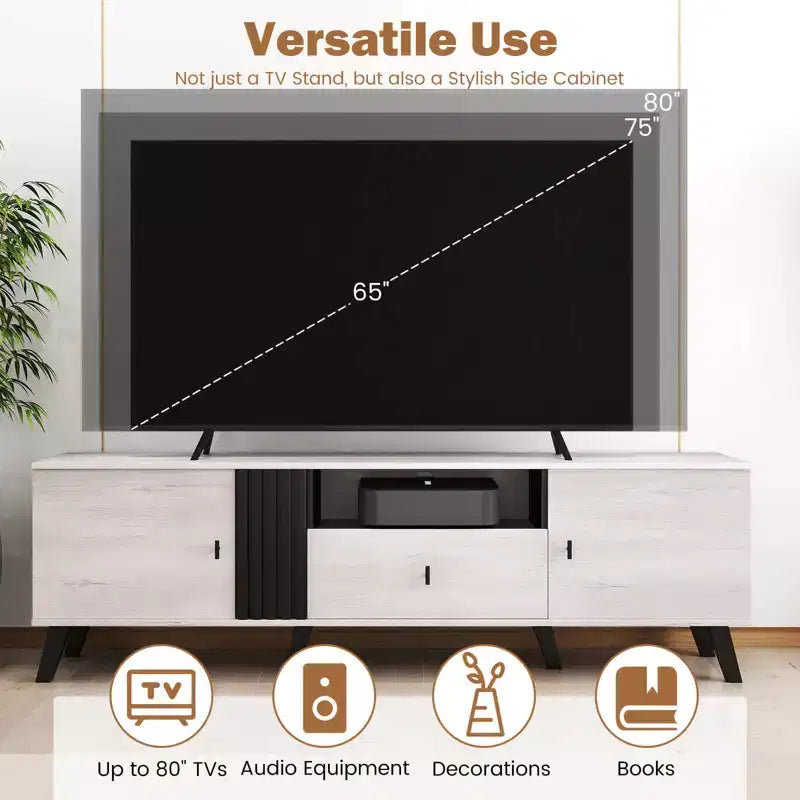 Meuble TV de style moderne du milieu du siècle pour téléviseurs de 80 pouces avec étagère ouverte et 2 armoires latérales