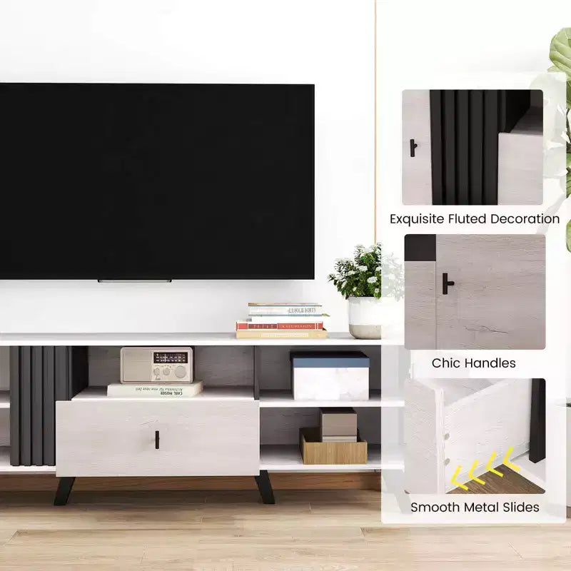 Meuble TV de style moderne du milieu du siècle pour téléviseurs de 80 pouces avec étagère ouverte et 2 armoires latérales