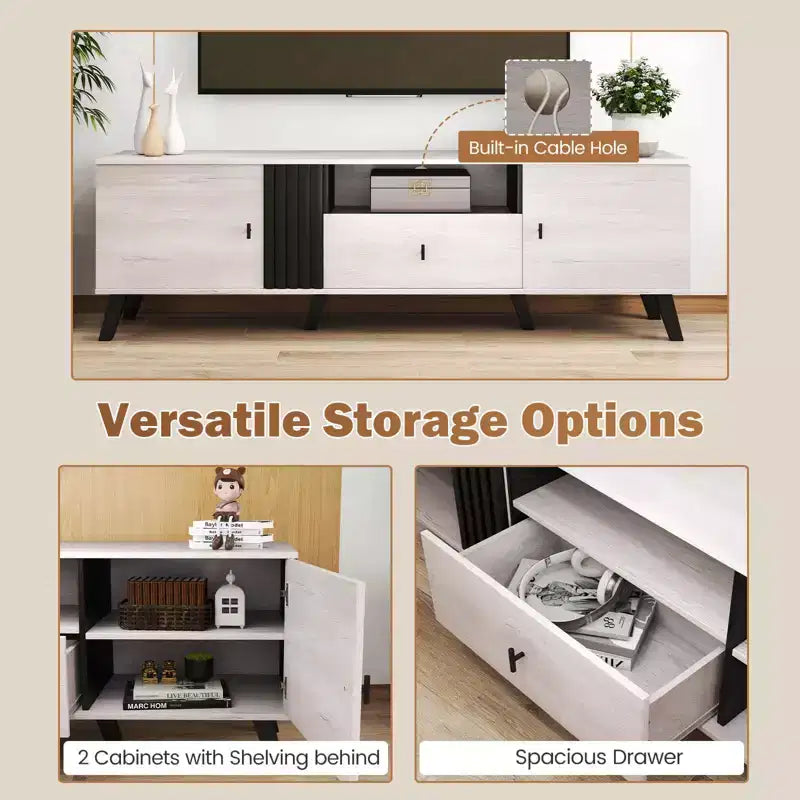 Meuble TV de style moderne du milieu du siècle pour téléviseurs de 80 pouces avec étagère ouverte et 2 armoires latérales