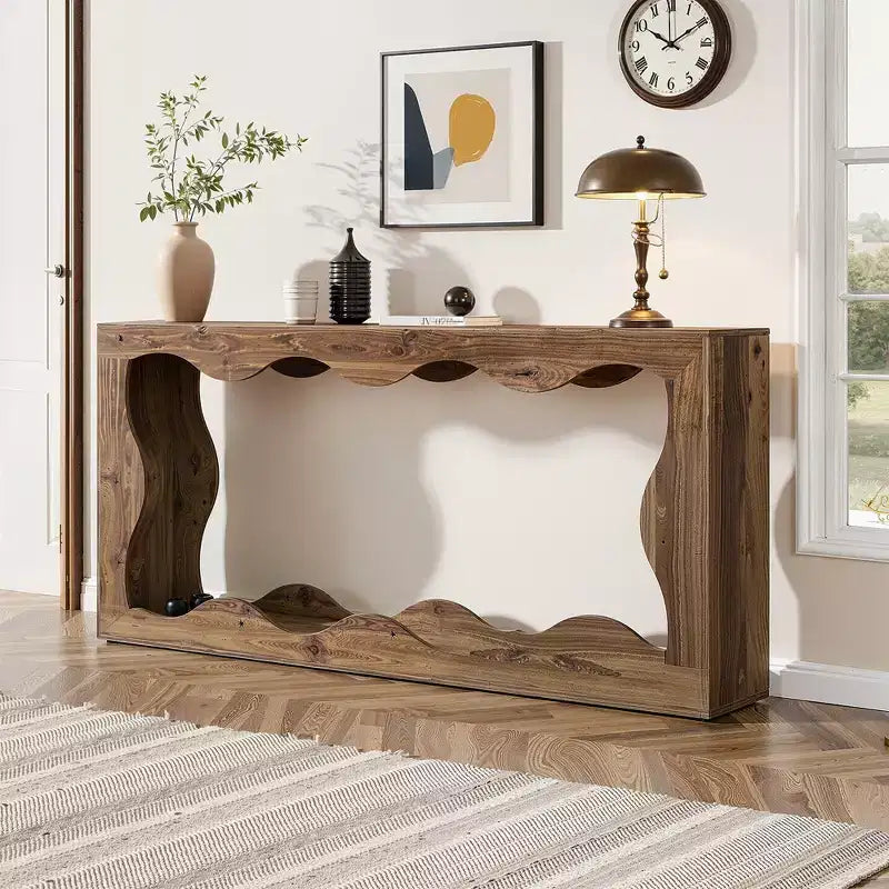 63 Table Console Ondulée Festonnée, Table d'Entrée Rétro Ferme à 2 Niveaux pour la Maison