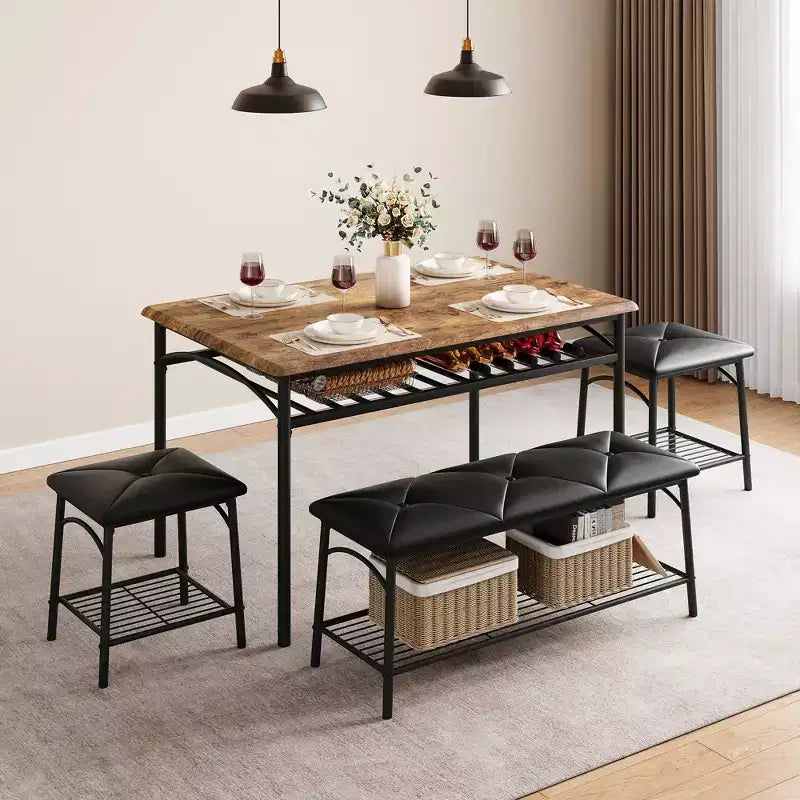 Table de salle à manger pour 4, avec banc rembourré et 2 tabourets carrés, avec étagères de rangement, mobilier de salle à manger pour petit espace