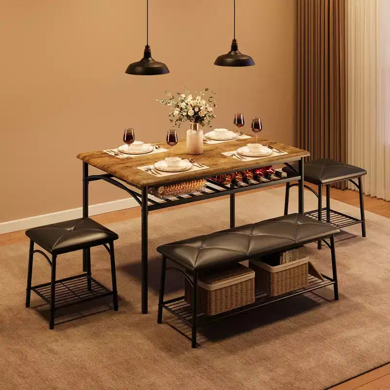 Table de salle à manger pour 4, avec banc rembourré et 2 tabourets carrés, avec étagères de rangement, mobilier de salle à manger pour petit espace