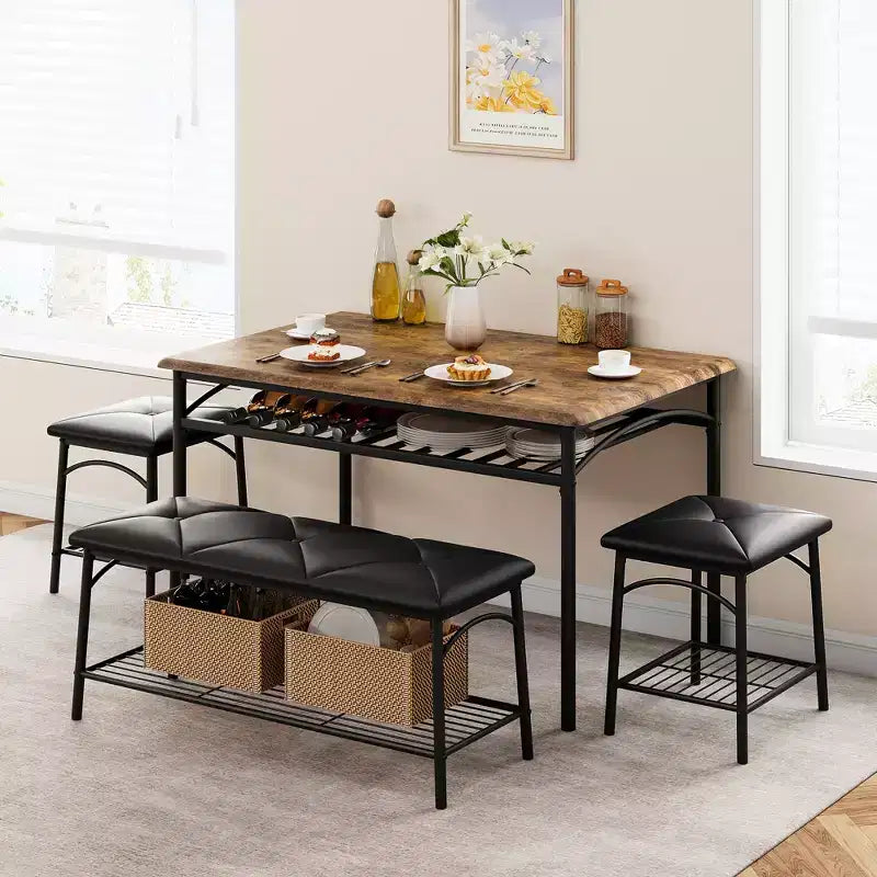 Table de salle à manger pour 4, avec banc rembourré et 2 tabourets carrés, avec étagères de rangement, mobilier de salle à manger pour petit espace