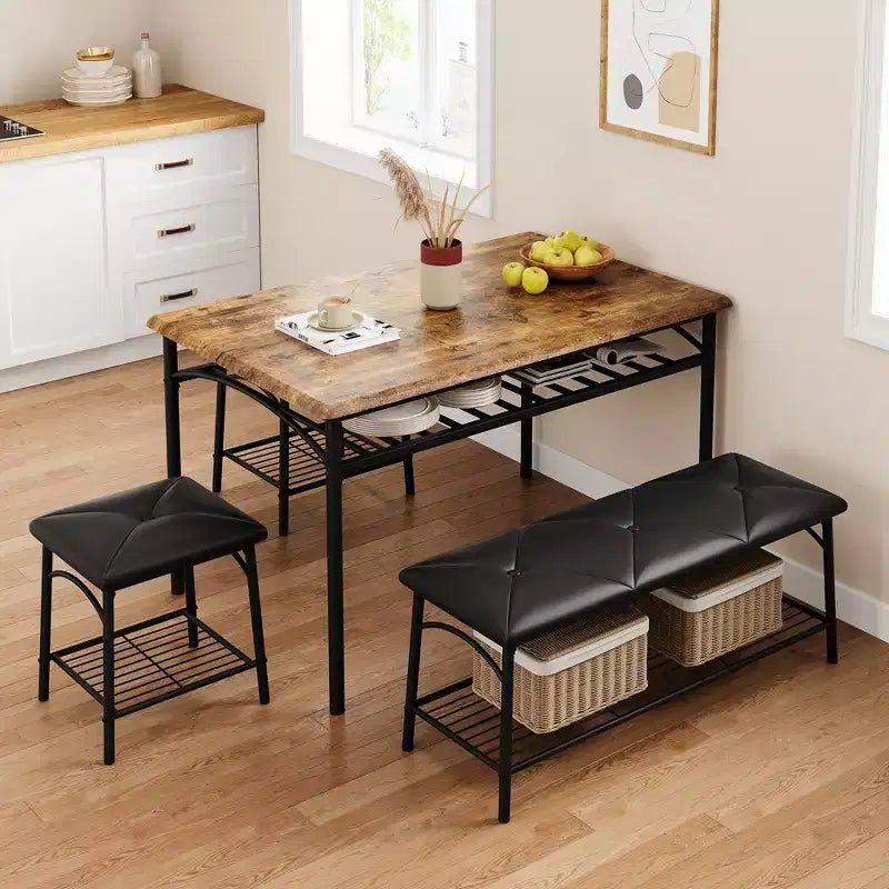 Table de salle à manger pour 4, avec banc rembourré et 2 tabourets carrés, avec étagères de rangement, mobilier de salle à manger pour petit espace