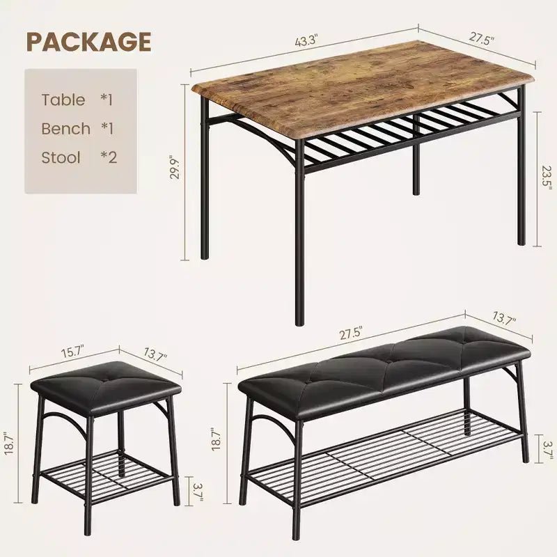 Table de salle à manger pour 4, avec banc rembourré et 2 tabourets carrés, avec étagères de rangement, mobilier de salle à manger pour petit espace