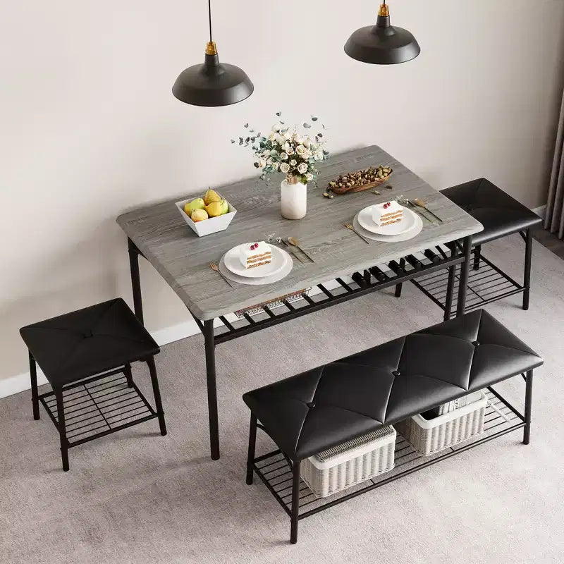 Table de salle à manger pour 4, avec banc rembourré et 2 tabourets carrés, avec étagères de rangement, mobilier de salle à manger pour petit espace