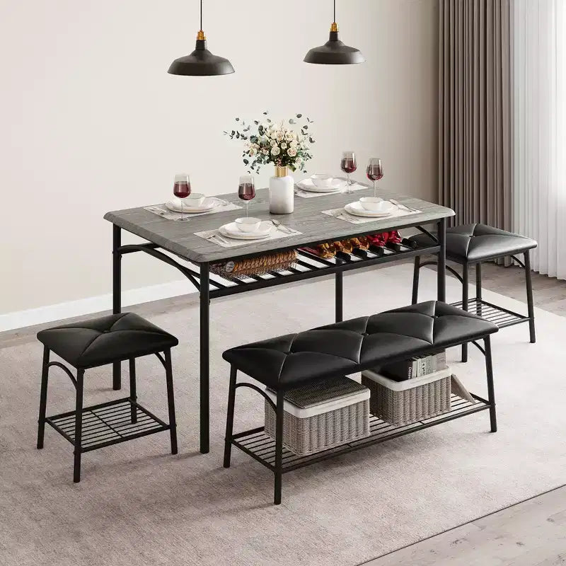 Table de salle à manger pour 4, avec banc rembourré et 2 tabourets carrés, avec étagères de rangement, mobilier de salle à manger pour petit espace