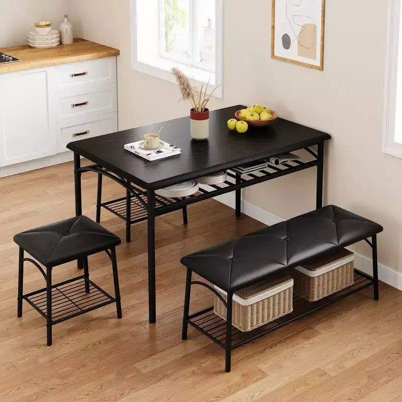 Table de salle à manger pour 4, avec banc rembourré et 2 tabourets carrés, avec étagères de rangement, mobilier de salle à manger pour petit espace