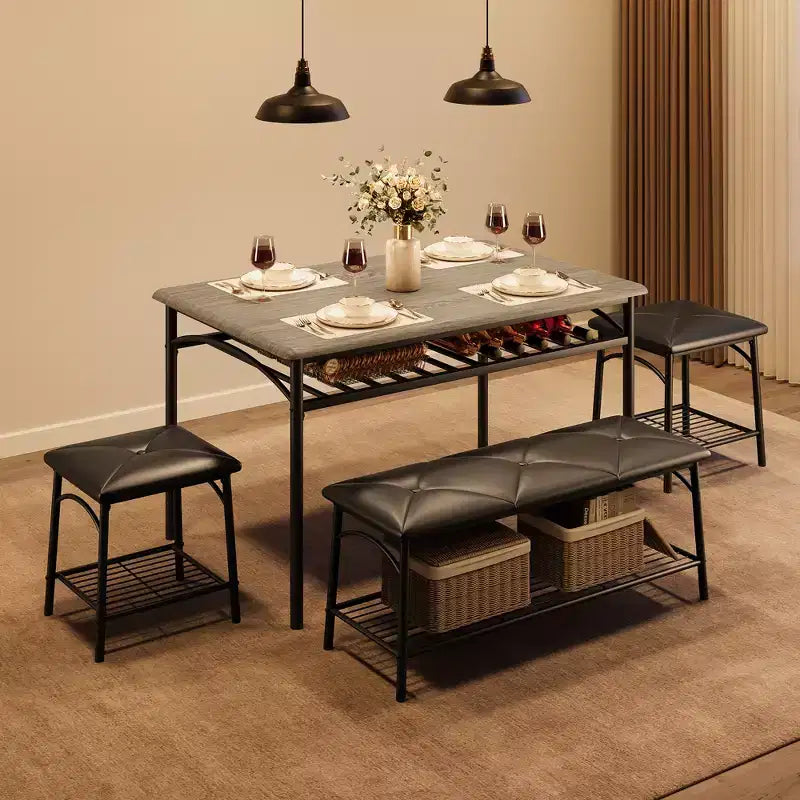 Table de salle à manger pour 4, avec banc rembourré et 2 tabourets carrés, avec étagères de rangement, mobilier de salle à manger pour petit espace