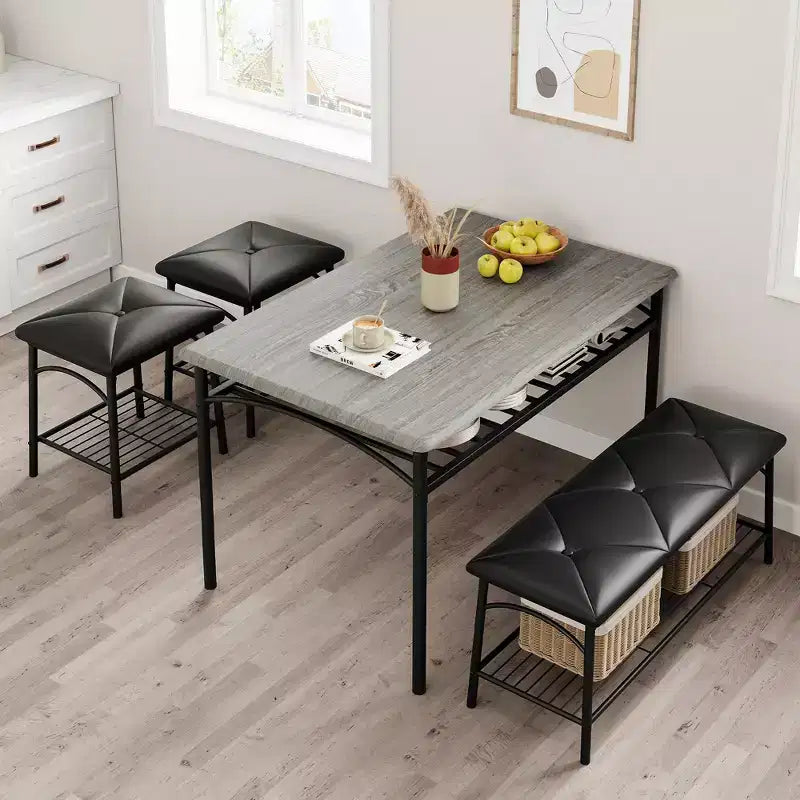 Table de salle à manger pour 4, avec banc rembourré et 2 tabourets carrés, avec étagères de rangement, mobilier de salle à manger pour petit espace