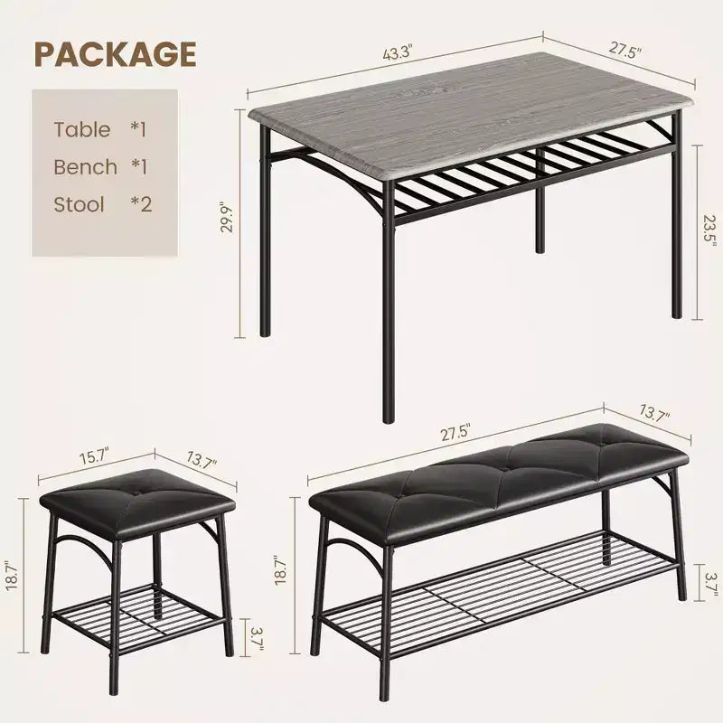 Table de salle à manger pour 4, avec banc rembourré et 2 tabourets carrés, avec étagères de rangement, mobilier de salle à manger pour petit espace