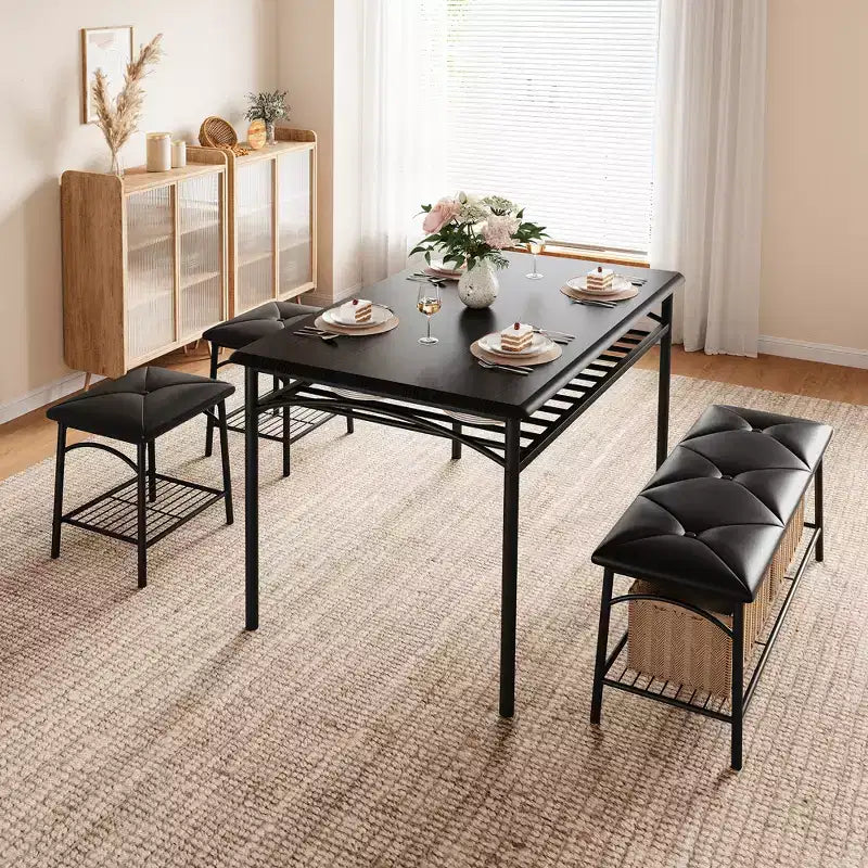 Table de salle à manger pour 4, avec banc rembourré et 2 tabourets carrés, avec étagères de rangement, mobilier de salle à manger pour petit espace