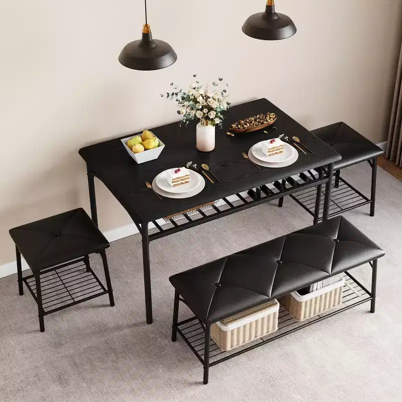 Table de salle à manger pour 4, avec banc rembourré et 2 tabourets carrés, avec étagères de rangement, mobilier de salle à manger pour petit espace
