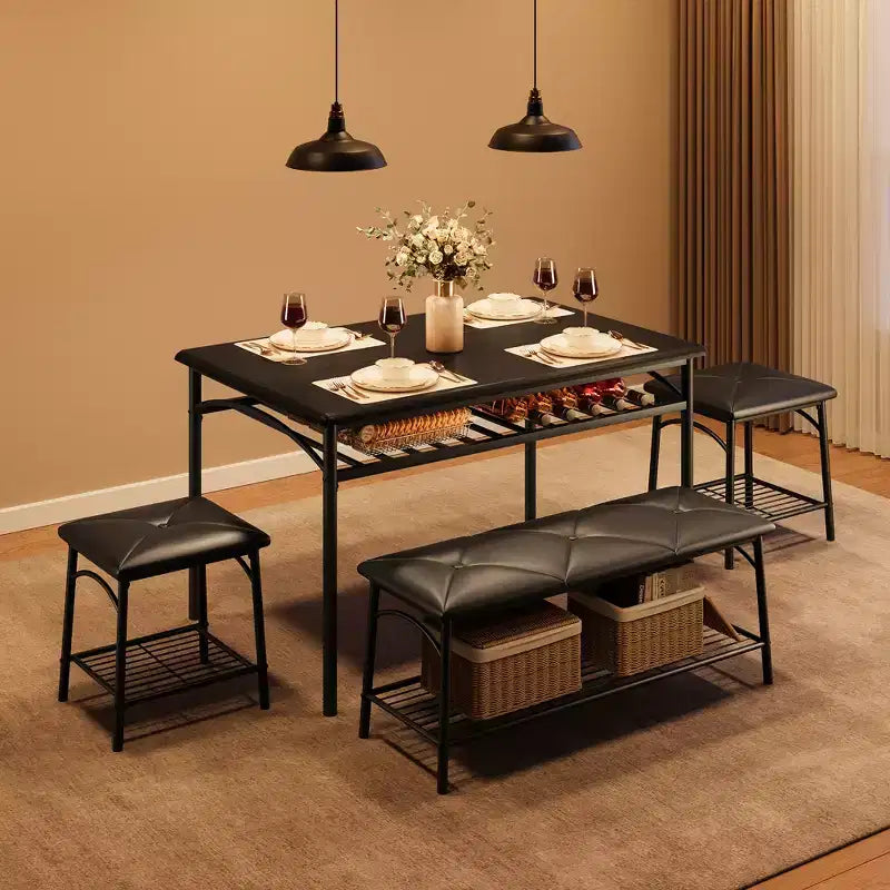 Table de salle à manger pour 4, avec banc rembourré et 2 tabourets carrés, avec étagères de rangement, mobilier de salle à manger pour petit espace