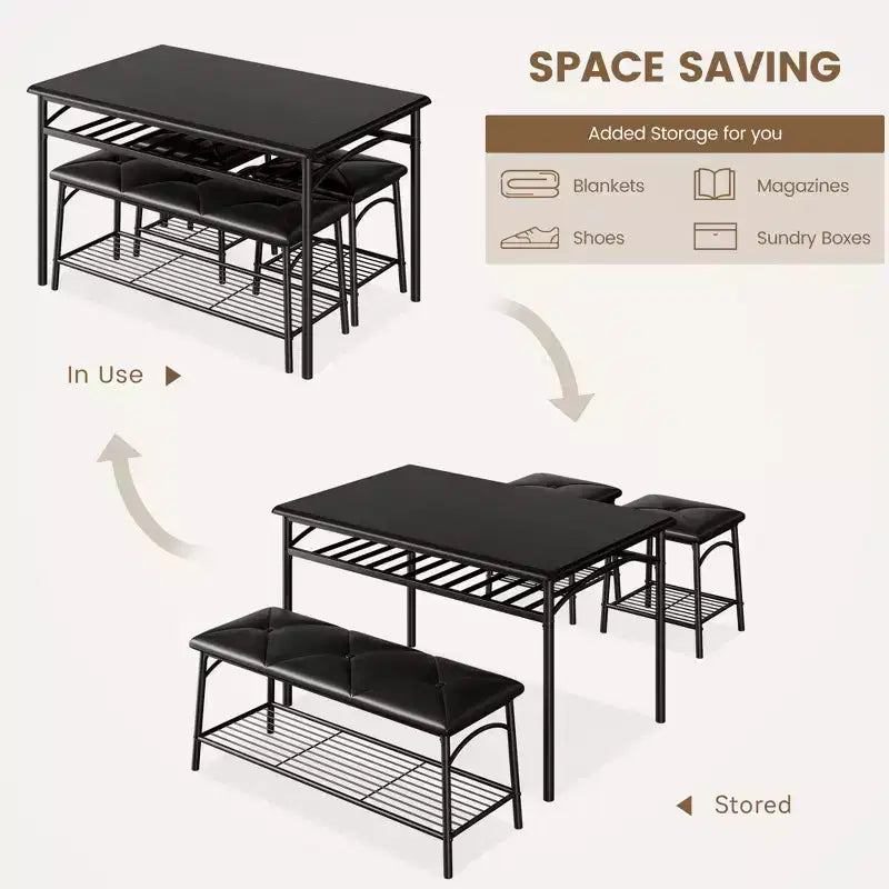 Table de salle à manger pour 4, avec banc rembourré et 2 tabourets carrés, avec étagères de rangement, mobilier de salle à manger pour petit espace