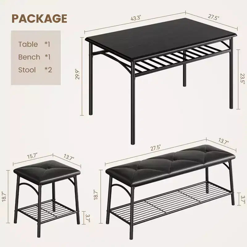 Table de salle à manger pour 4, avec banc rembourré et 2 tabourets carrés, avec étagères de rangement, mobilier de salle à manger pour petit espace