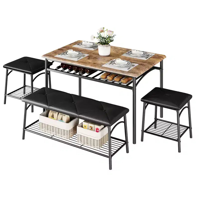 Table de salle à manger pour 4, avec banc rembourré et 2 tabourets carrés, avec étagères de rangement, mobilier de salle à manger pour petit espace