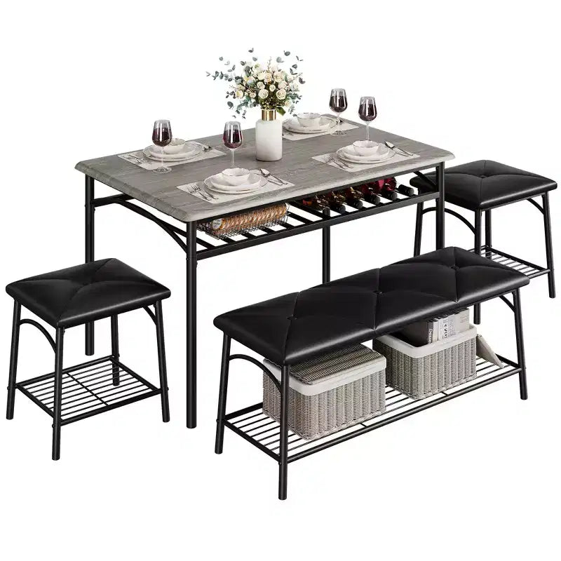 Table de salle à manger pour 4, avec banc rembourré et 2 tabourets carrés, avec étagères de rangement, mobilier de salle à manger pour petit espace