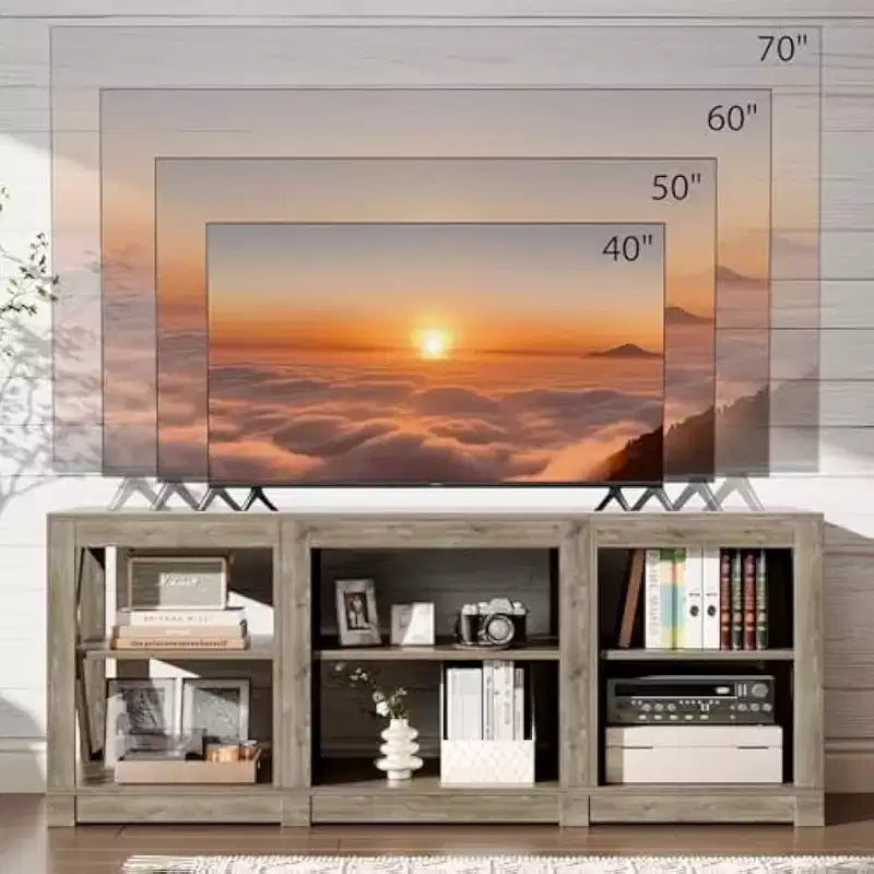 Meuble TV pour Téléviseur 70 Pouces, Meuble TV de Ferme avec Rangement, Chêne Gris